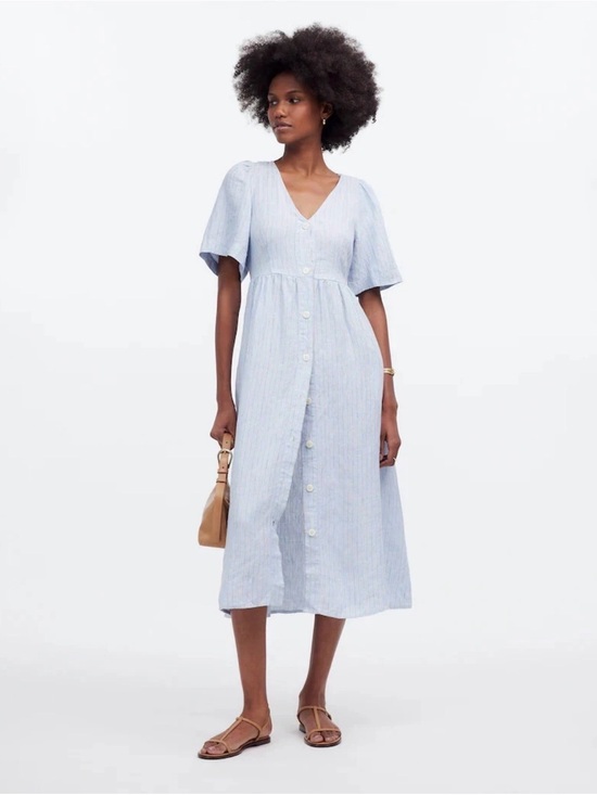 Madewell Dresses & Skirts - Madewell Cassie Button-Front Midi Dress in Linen Powder Blu Stripe SZ M